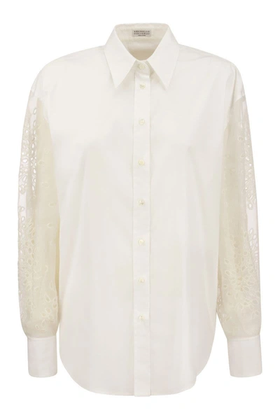 Shop Brunello Cucinelli Stretch Cotton Poplin Shirt With Crispy Silk Broderie Anglaise Sleeve In White