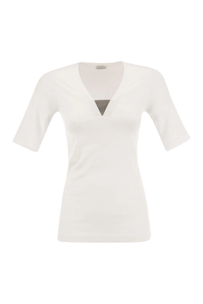 Shop Brunello Cucinelli Stretch Cotton Rib Jersey T-shirt With "precious Insert" In White