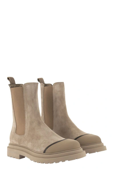 Shop Brunello Cucinelli Suede Chelsea Boot With "precious Detail" In Sand