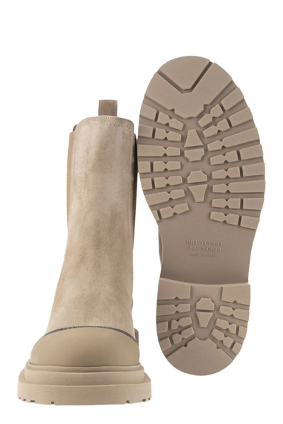 Shop Brunello Cucinelli Suede Chelsea Boot With "precious Detail" In Sand