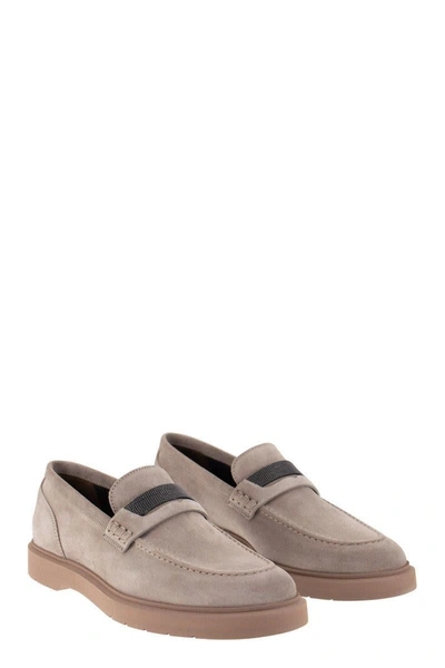 Shop Brunello Cucinelli Suede Penny Loafer With Jewellery In Grey