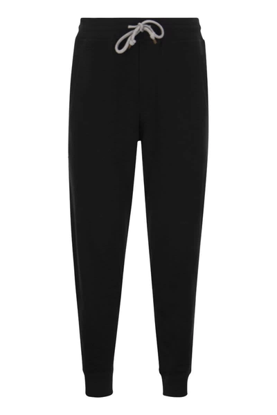 Shop Brunello Cucinelli Techno Cotton Fleece Trousers With Elasticated Hem In Black