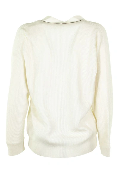 Shop Brunello Cucinelli White V-neck Sweater Cashmere Sweater With Monili