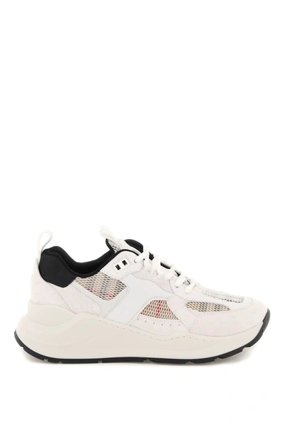Shop Burberry Smooth Leather And Suede Sneakers With Tartan Mesh Inserts In White