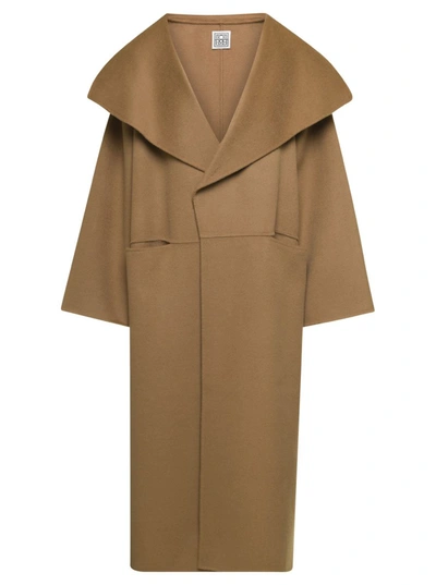 Shop Totême Camel Brown Oversize Coat With Shawl Lapels In Wool And Cashmere Woman Toteme In Beige