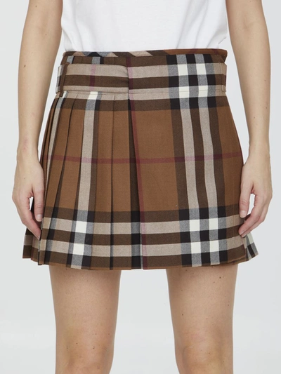 Shop Burberry Check Pleated Skirt In Brown