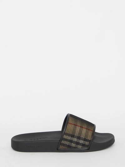 Shop Burberry Check Slides In Brown