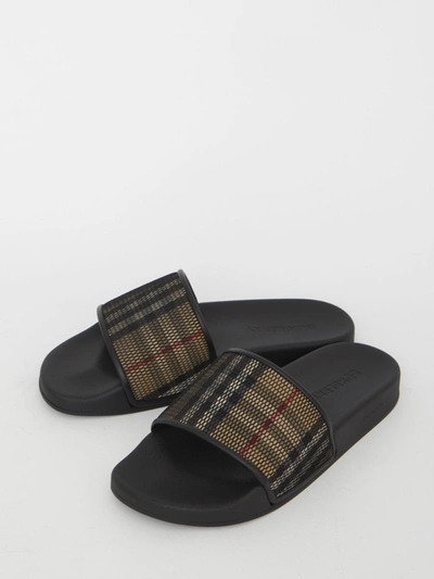 Shop Burberry Check Slides In Brown