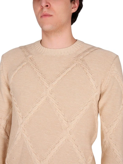 Shop Ballantyne Cotton Cable Stitch Crew Neck Sweater In Beige