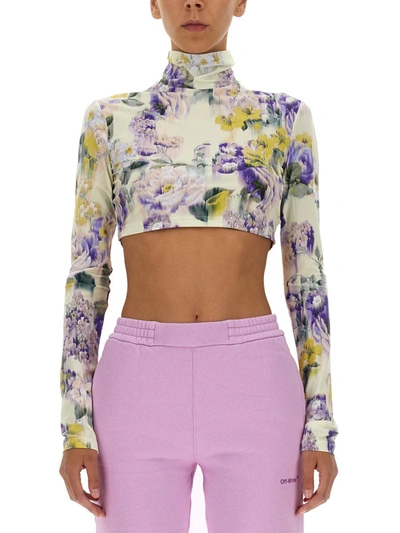 Shop Off-white Crop Top With Floral Pattern In Green