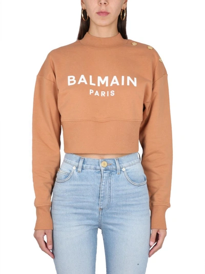 Shop Balmain Cropped Fit Sweatshirt In Beige