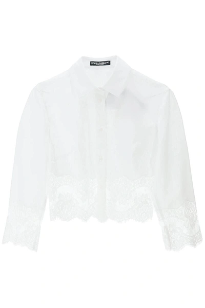 Shop Dolce & Gabbana Cropped Shirt With Lace Trimming In White