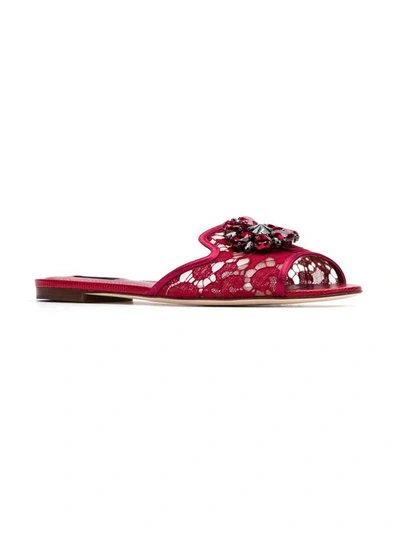 Shop Dolce & Gabbana Crystal Lace Flat Sandals In Red