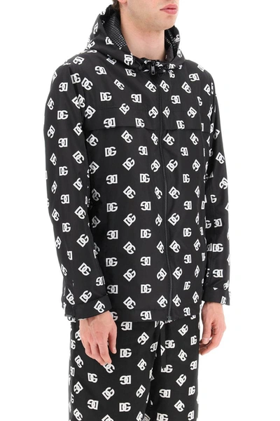 Dolce & Gabbana Quilted Nylon Jacket With Hood And Dg Logo Print In Black