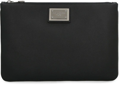 Shop Dolce & Gabbana Logo Detail Flat Leather Pouch In Black