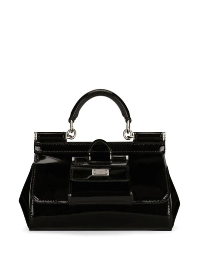 Shop Dolce & Gabbana Sicily Shiny Leather Handbag In Black