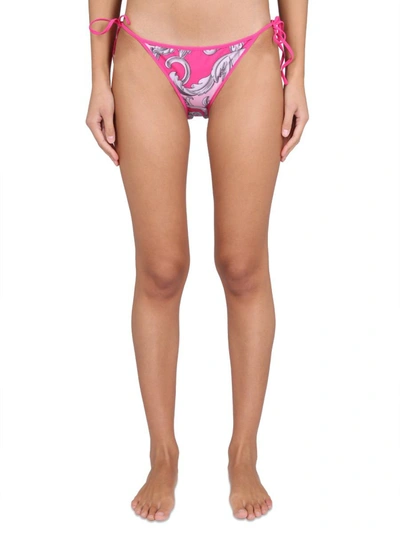 Shop Versace Double Face Print Bikini Bottom In Purple