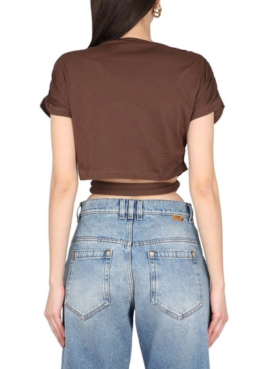 Shop Balmain Draped Jersey Crop-top In Brown