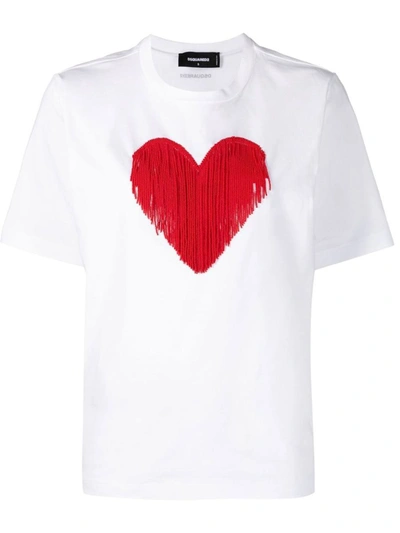 Shop Dsquared2 T-shirts And Polos In <p>graphic-print T-shirt From  Featuring White, Red, Cotton, Heart Print, Fringe Detailing,