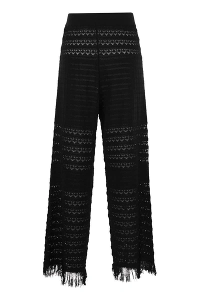 Shop Elisabetta Franchi Lace Stitch Palazzo Trousers In Black