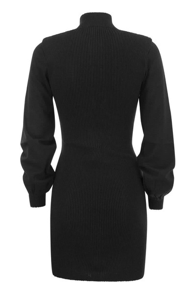 Shop Elisabetta Franchi Ribbed Mini Dress With High Neck And Cups In Black