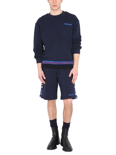 Shop Missoni Sport Embroidered Logo And Jacquard Insert Bermuda In Blue