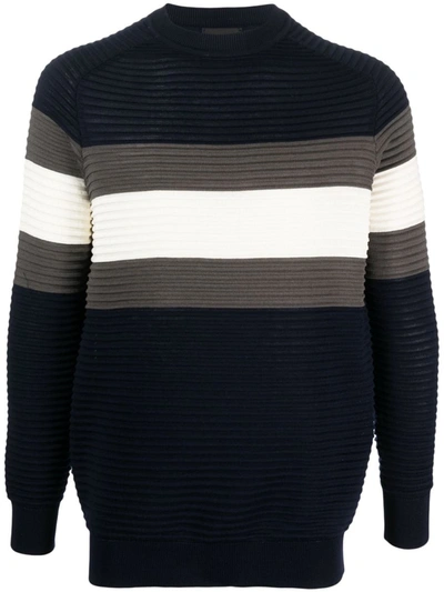 Shop Emporio Armani Striped Wool Crewneck Sweater In Blue