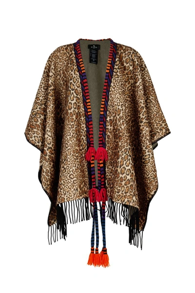 Shop Etro Animalier Cape With Fringes And Tassels In Brown
