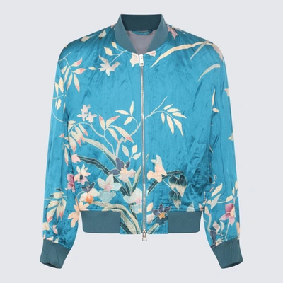Shop Etro Blue Multicolour Silk-viscose Blend Bomber Jacket In <p>blue Multicolour Silk-viscose Blend Bomber Jacket From  Featuring All-over Floral Print, Ribb