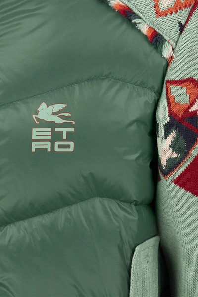 Shop Etro Down Jacket With Knitted Details Carpet In Green