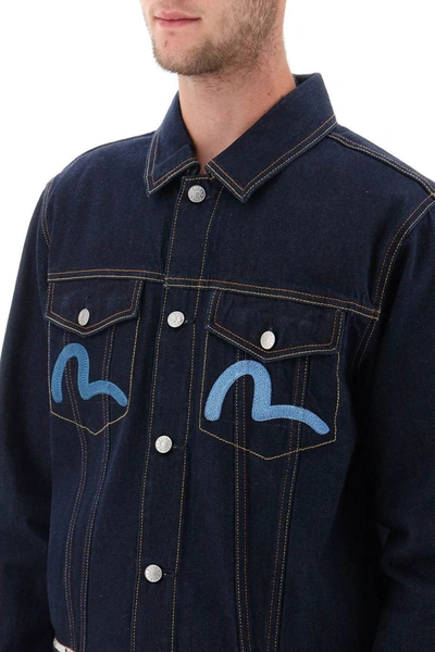 Shop Evisu Denim Jacket With Back Eagle Embroidery In Blue