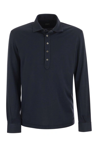Shop Fedeli Five - Long-sleeved Cotton Polo Shirt In Blue