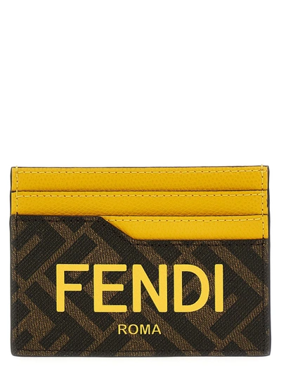 FENDI: credit card holder in leather with FF print - Tobacco