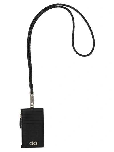 Shop Ferragamo 'gancio' Card Holder With A Shoulder Strap In Black