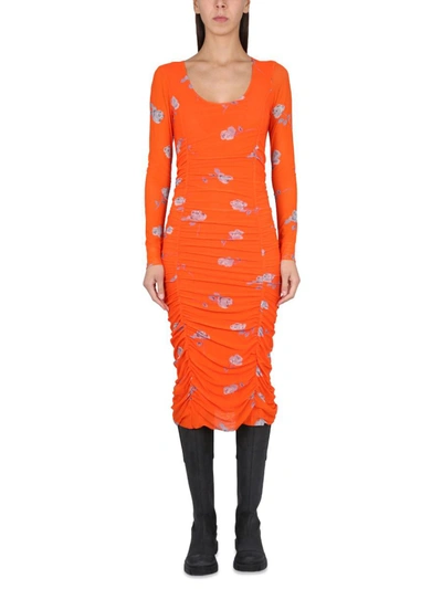 Shop Ganni Flower Print Dress In Orange