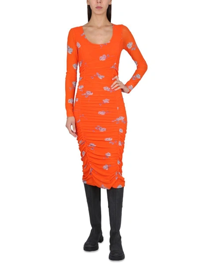 Shop Ganni Flower Print Dress In Orange