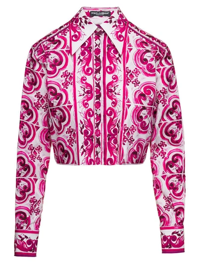 Shop Dolce & Gabbana Fuchsia And White Cropped Shirt With Pointed Collar And Majolica Print In Cotton Woman In Multicolor