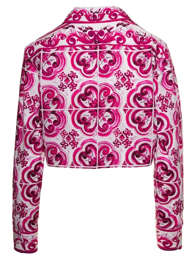 Shop Dolce & Gabbana Fuchsia And White Cropped Shirt With Pointed Collar And Majolica Print In Cotton Woman In Multicolor