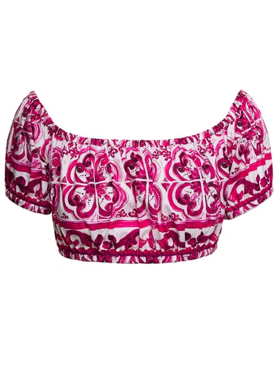 Shop Dolce & Gabbana Fuchsia And White Cropped Top With Bardot Neckline And Majolica Print In Cotton Woman In Multicolor