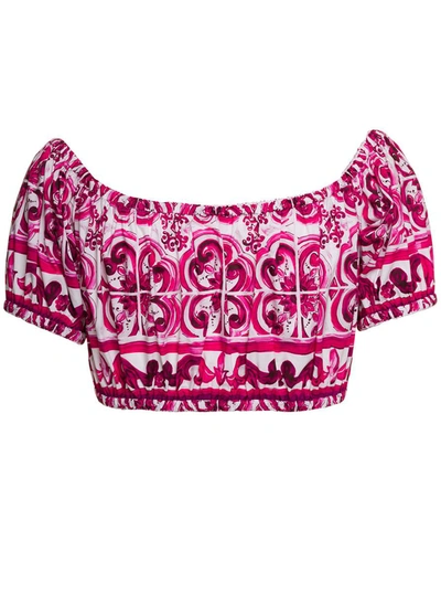 Shop Dolce & Gabbana Fuchsia And White Cropped Top With Bardot Neckline And Majolica Print In Cotton Woman In Multicolor