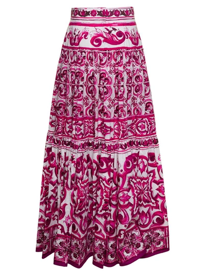 Shop Dolce & Gabbana Fuchsia And White Maxi Skirt With Majolica Print In Cotton Woman In Multicolor