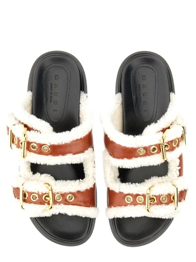 Marni Gold-tone Buckle Shearling Slides In Yellow