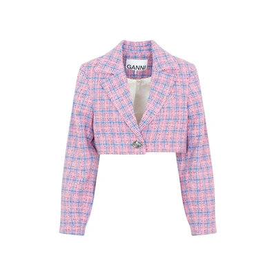 Shop Ganni Check Cropped Blazer Jacket In Pink &amp; Purple