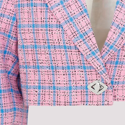 Shop Ganni Check Cropped Blazer Jacket In Pink &amp; Purple