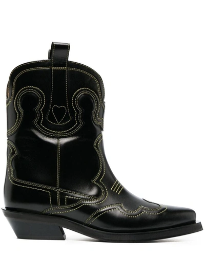 Shop Ganni Embroidered Western Boots In Black
