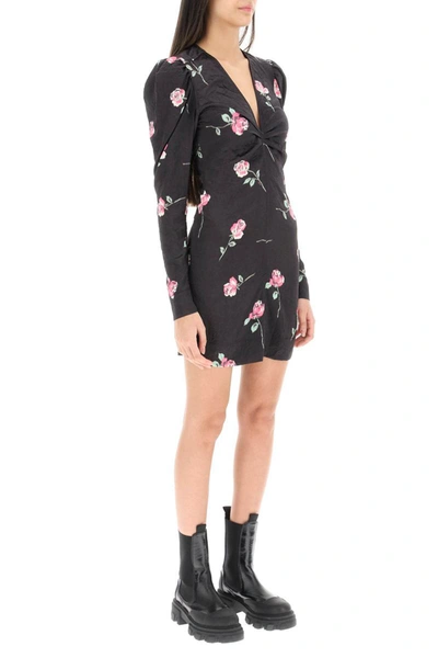 Shop Ganni Floral Crinkle-effect Mini Satin Dress In Black