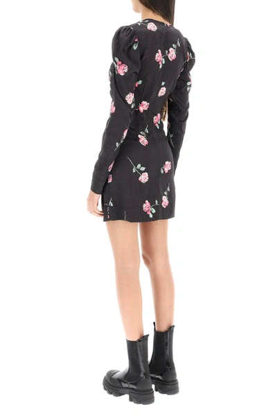 Shop Ganni Floral Crinkle-effect Mini Satin Dress In Black