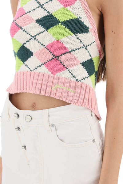 Shop Ganni Knit Cropped Top With Halterneck In Multicolor