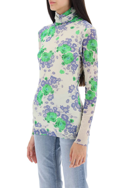 Shop Ganni Long-sleeved Top In Mesh With Floral Pattern In Multicolor
