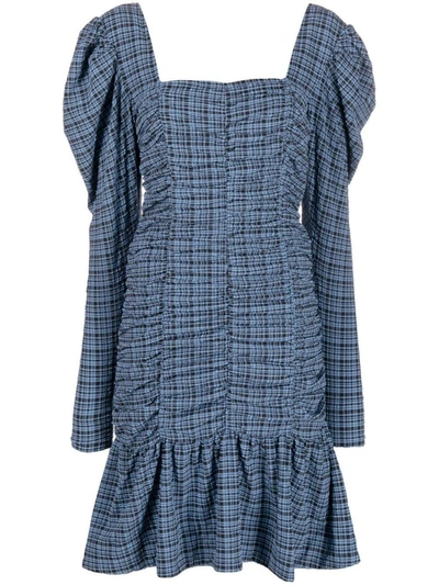 Ganni Ruched Checked Stretch Recycled-seersucker Mini Dress In 379 Mini Check Granada Sky